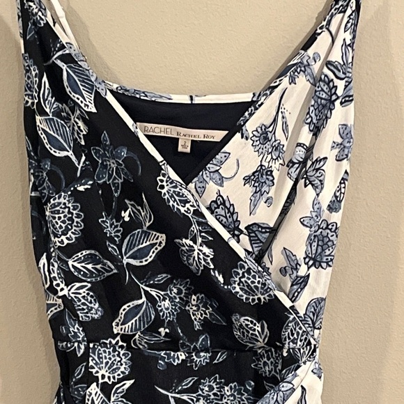 RACHEL Rachel Roy Black Floral Wrap Neck Maxi Chiffon Dress Size 2 Blue/White - Picture 5 of 7